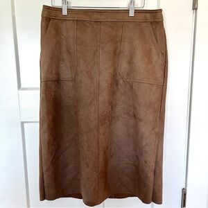 Brown Faux Suede Midi Pencil Skirt with Slit
